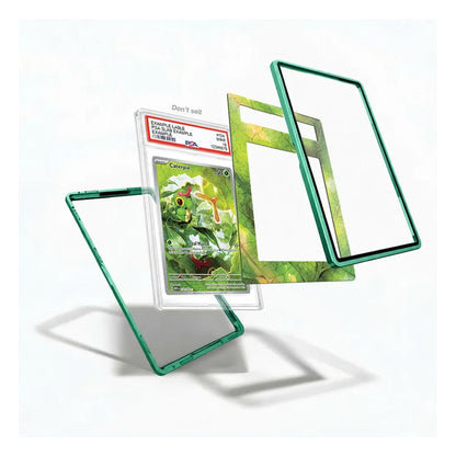 A clear acrylic card protector case with a translucent green frame, shown in multiple angles around a graded Pokémon card. The product is displayed on a clean white background with soft shadows.