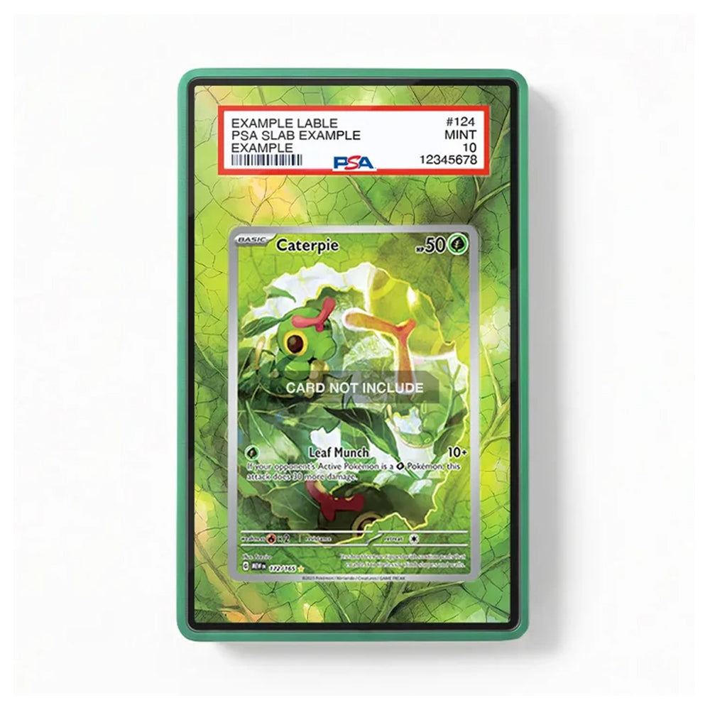 A green PSA slab-protected Pokémon TCG card featuring Caterpie, shown against a plain white background. The slab has a white top label with red and blue PSA branding and example text.