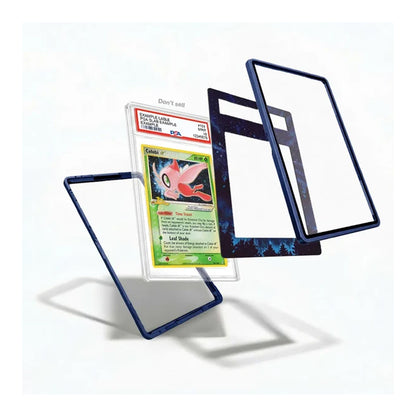Three transparent acrylic display frames with dark blue borders are shown floating against a white background, with a graded Pokémon card partially visible inside one frame to demonstrate use.