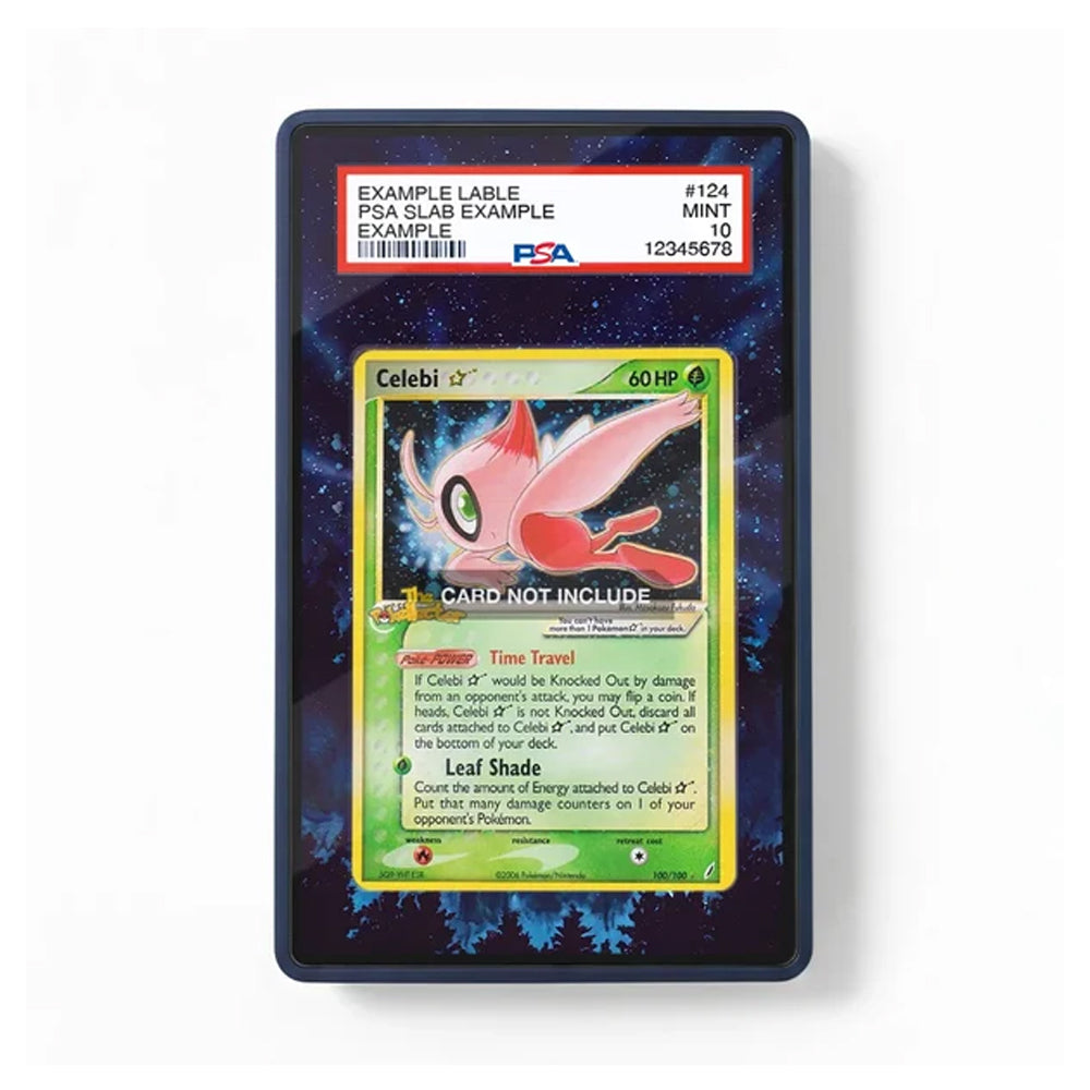A PSA-graded Pokémon Celebi trading card sealed in a clear protective slab, photographed against a plain white background. The slab has a dark blue border and a blue starry pattern, with a red PSA label at the top.