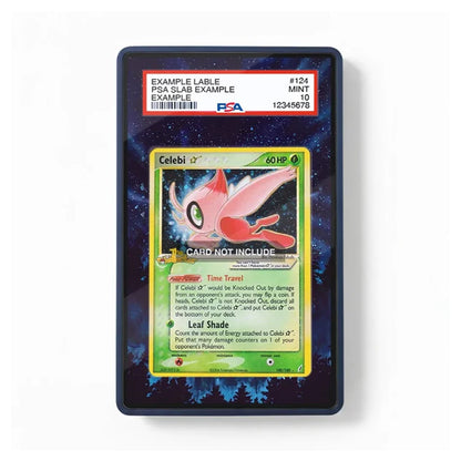 A PSA-graded Pokémon Celebi trading card sealed in a clear protective slab, photographed against a plain white background. The slab has a dark blue border and a blue starry pattern, with a red PSA label at the top.