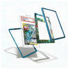 A clear acrylic display card holder with a metallic teal-blue frame, shown disassembled into three pieces with a graded holographic Pokémon card inside one assembled section. The background is a clean white studio backdrop.