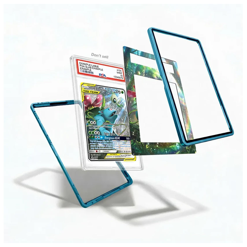A clear acrylic display card holder with a metallic teal-blue frame, shown disassembled into three pieces with a graded holographic Pokémon card inside one assembled section. The background is a clean white studio backdrop.