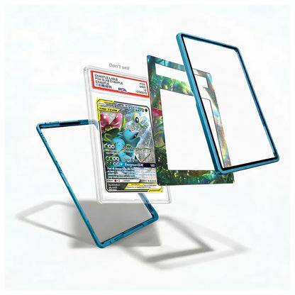 A clear acrylic display card holder with a metallic teal-blue frame, shown disassembled into three pieces with a graded holographic Pokémon card inside one assembled section. The background is a clean white studio backdrop.
