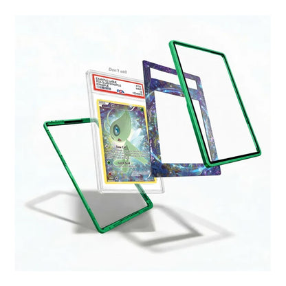 Three transparent acrylic display frames with colored borders are shown floating around a graded Pokémon TCG card on a clean white background. The frames appear to be the product being sold, with the card used as a display prop.