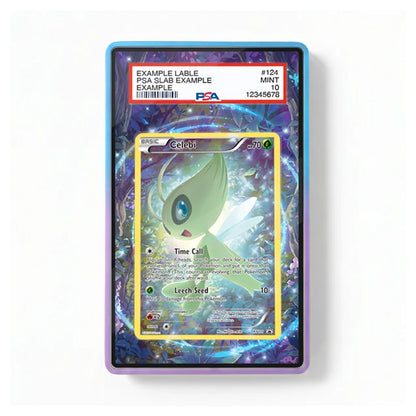 A PSA-graded holographic Pokémon TCG trading card featuring Celadite, presented in a protective display slab with a blue and purple border. The slab is graded PSA 10 by the PSA logo on the top label.