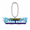 A silver ball chain keychain featuring a 'Mega Evolution Chaos Rising' acrylic charm with blue water splash graphics and stylized text, shown on a plain white background.