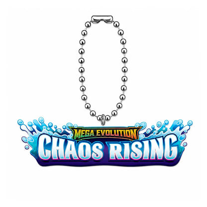 A silver ball chain keychain featuring a 'Mega Evolution Chaos Rising' acrylic charm with blue water splash graphics and stylized text, shown on a plain white background.