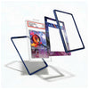 A clear acrylic stand with dark blue borders shown in multiple angles, holding and displaying a graded Pokémon TCG card. The product is presented on a clean white background with soft shadows.