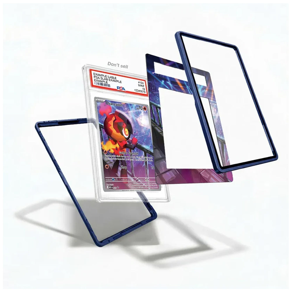A clear acrylic stand with dark blue borders shown in multiple angles, holding and displaying a graded Pokémon TCG card. The product is presented on a clean white background with soft shadows.