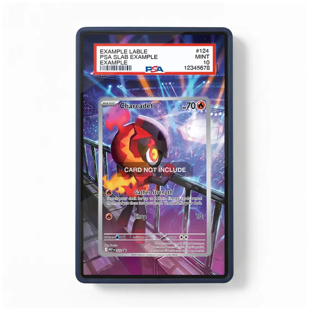 A PSA-graded display card showing a Charcadet Pokémon card example, with a red PSA slab label at the top and a black border around the card, photographed on a white background.