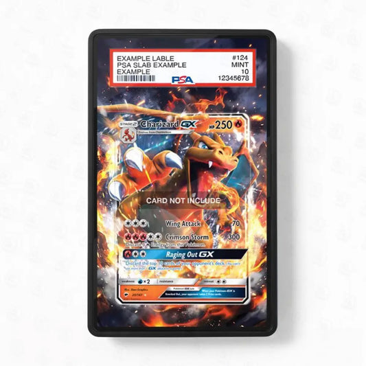 Pokémon trading card in a protective case with label