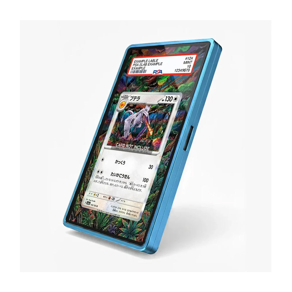 A blue protective phone case shown at an angle on a light gray background. The screen displays a colorful wallpaper with a Pokémon-themed card interface, and a small 'EXAMPLE UNLICENSED' label is visible in the top right corner of the screen.