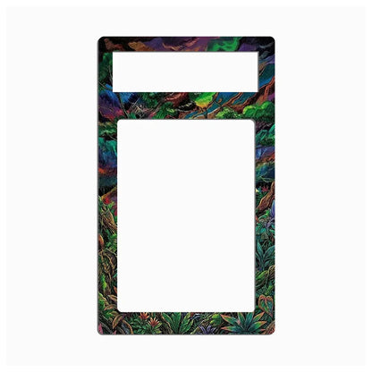 A rectangular picture frame with a colorful tropical floral border and a blank white center, shown on a light gray background.