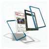 A set of protective smartphone screen frames shown floating against a white background, with one frame partially covering a graded Pokémon trading card. The frames are transparent with a metallic teal-blue border, and the inner backing has a colorful floral pattern.