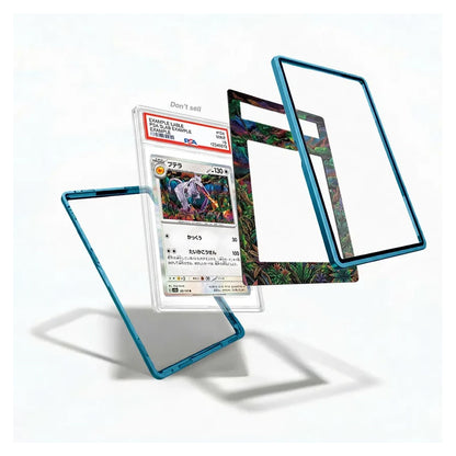 A set of protective smartphone screen frames shown floating against a white background, with one frame partially covering a graded Pokémon trading card. The frames are transparent with a metallic teal-blue border, and the inner backing has a colorful floral pattern.