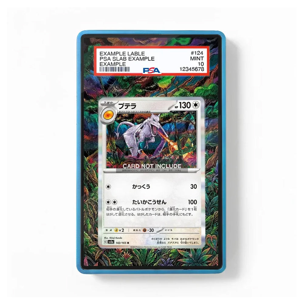 A PSA graded protective card slab containing a Pokémon card, shown against a plain white background. The slab has a blue border and a red header label at the top with PSA branding and grading details.