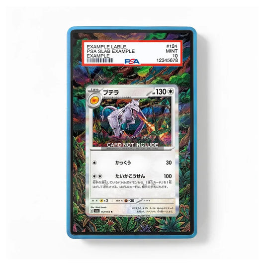 A PSA graded protective card slab containing a Pokémon card, shown against a plain white background. The slab has a blue border and a red header label at the top with PSA branding and grading details.