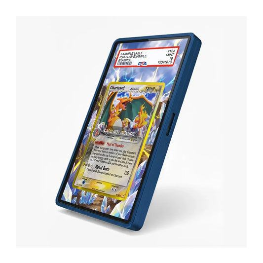 A blue protective case for a smartphone, shown standing upright at an angle. The screen of the phone displays a sample Pokémon card graded by PSA, with a red and white PSA label visible at the top of the screen.