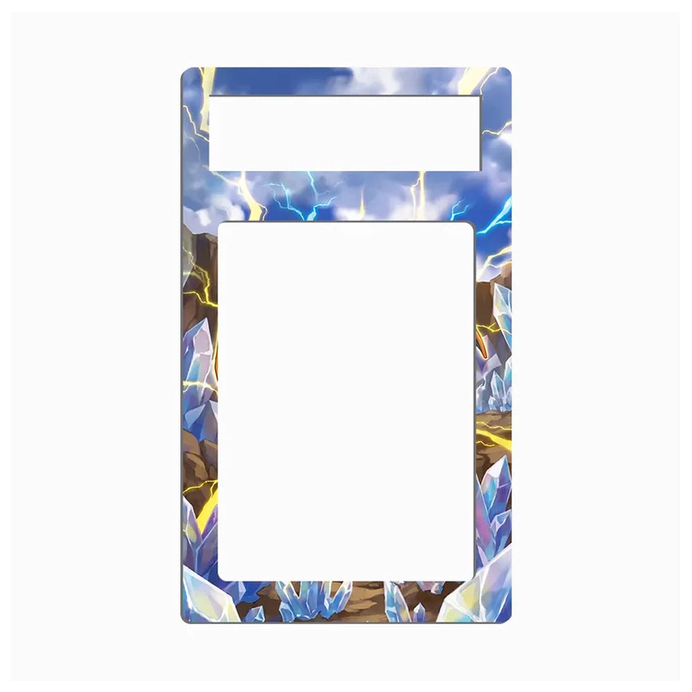 A decorative phone case or frame insert with a fantasy crystal landscape design, featuring blue and purple crystals, brown rock formations, and yellow lightning under a cloudy sky, shown on a plain white background.