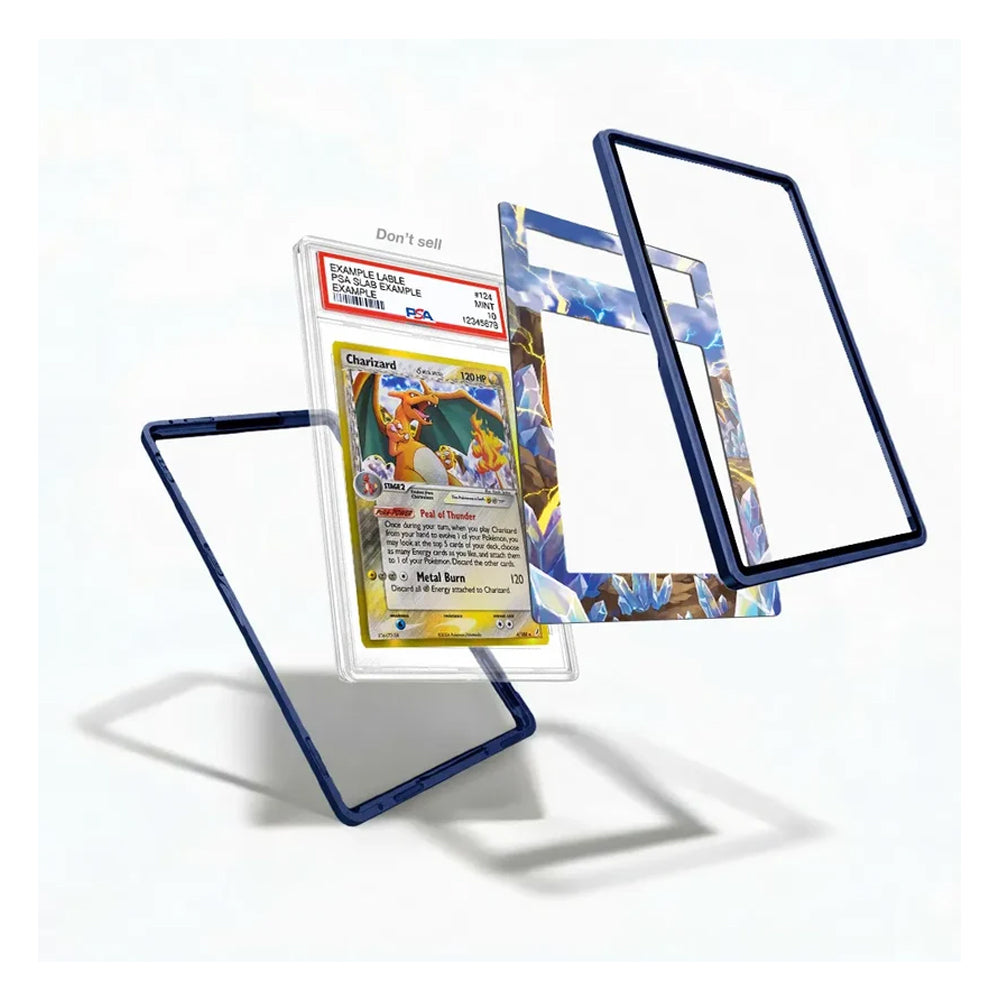 A clear acrylic display stand with a dark blue border, shown in multiple angles with a graded Pokémon Charizard card inserted on one stand. The product is displayed on a clean white background with soft shadows.