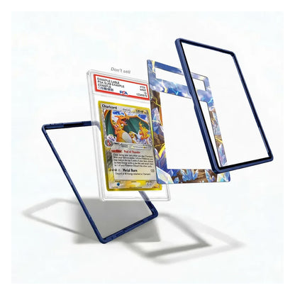 A clear acrylic display stand with a dark blue border, shown in multiple angles with a graded Pokémon Charizard card inserted on one stand. The product is displayed on a clean white background with soft shadows.