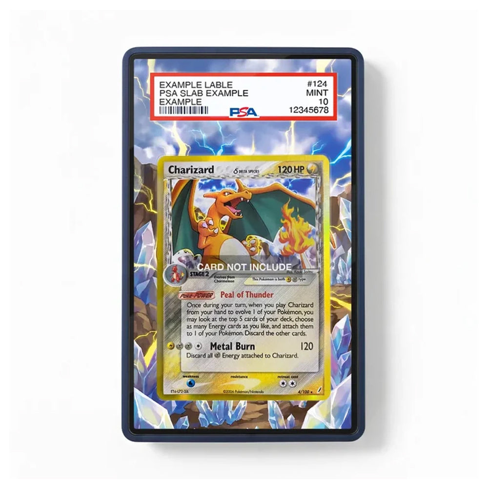 A PSA graded Charizard trading card inside a clear protective slab, shown against a white background. The slab has a black border and a red header card with PSA branding and grading details.