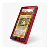 A red protective case for a smartphone, shown holding a graded holographic Pokéball card. The case is displayed at an angle on a clean white background.