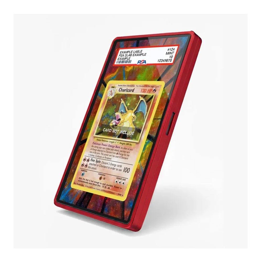 A red protective case for a smartphone, shown holding a graded holographic Pokéball card. The case is displayed at an angle on a clean white background.