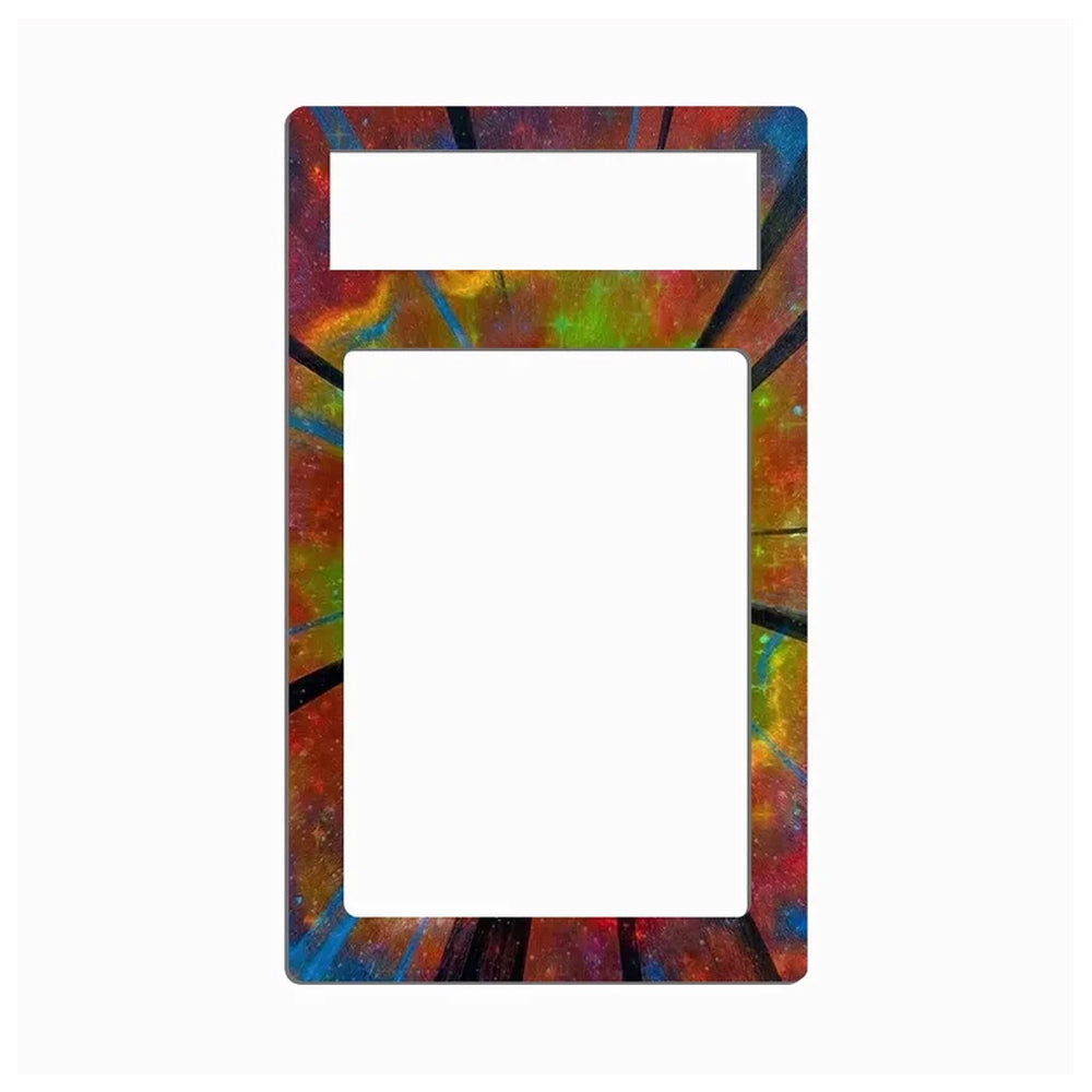 A rectangular light switch plate cover featuring a vibrant, multicolored abstract design with a central cutout and a top grounding slot cutout, set against a plain white background.