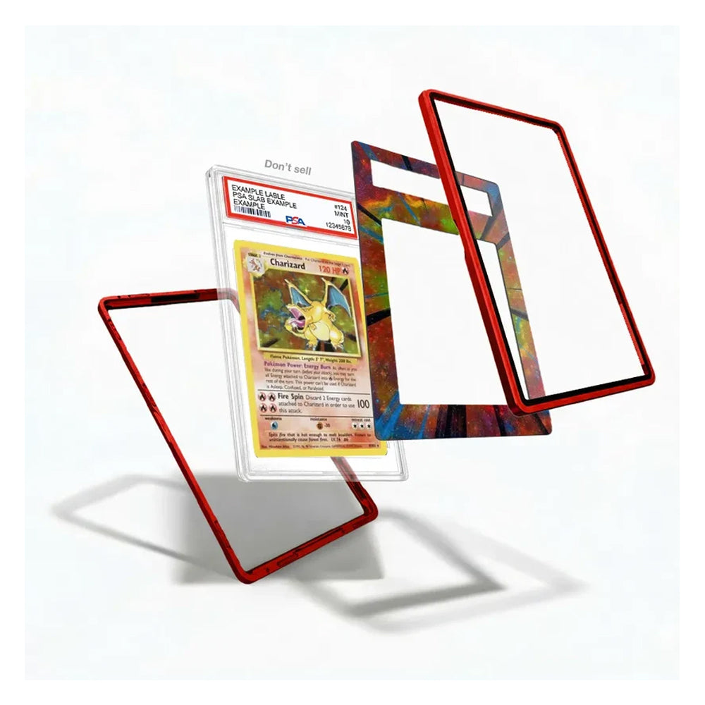 A set of clear acrylic card protectors with red borders and one colorful patterned protector, shown floating around a graded Charizard Pokémon card on a white background.