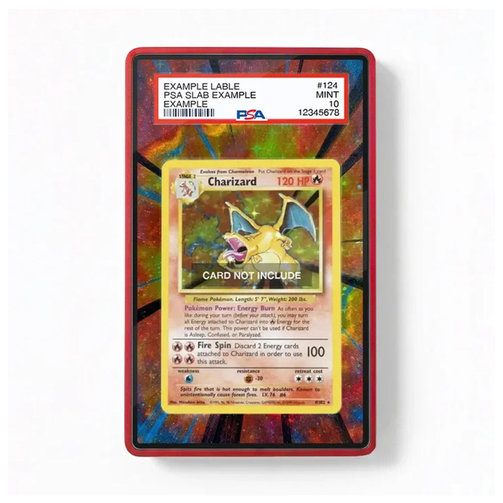 A PSA graded holographic Charizard trading card inside a red protective slab, with a white PSA grading label at the top. The card features a colorful rainbow iridescent background and a yellow Charizard illustration in the center.