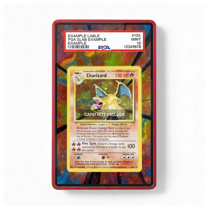 A PSA graded holographic Charizard trading card inside a red protective slab, with a white PSA grading label at the top. The card features a colorful rainbow iridescent background and a yellow Charizard illustration in the center.