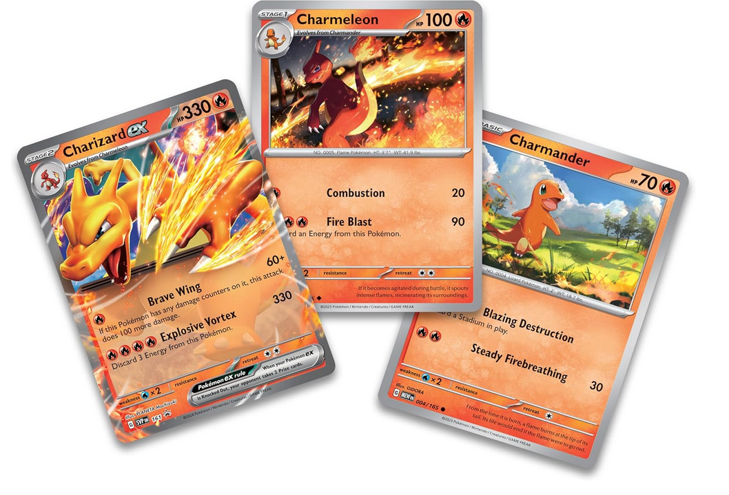 Three Pokémon trading cards featuring Charizard, Charmeleon, and Charmander on a white background.