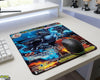 Mega Charizard X EX Pokémon card style mouse pad on a clean white gaming desk with RGB wireless mouse and minimalist desktop accessories