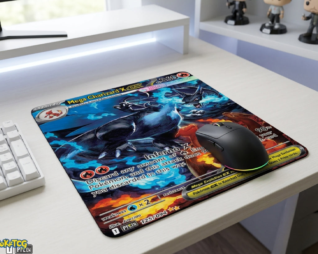Mega Charizard X EX Pokémon card style mouse pad on a clean white gaming desk with RGB wireless mouse and minimalist desktop accessories