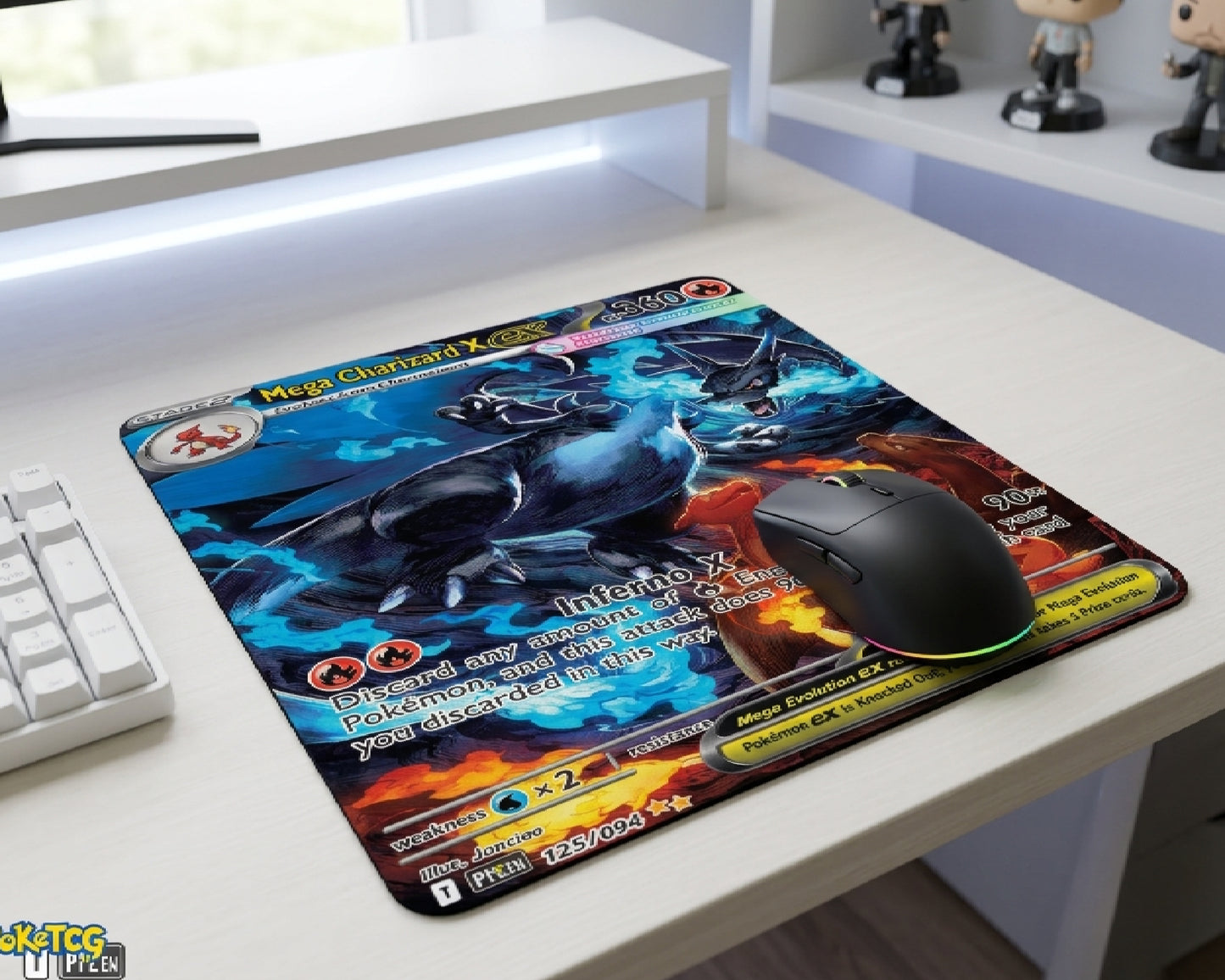 Mega Charizard X EX Pokémon card style mouse pad on a clean white gaming desk with RGB wireless mouse and minimalist desktop accessories