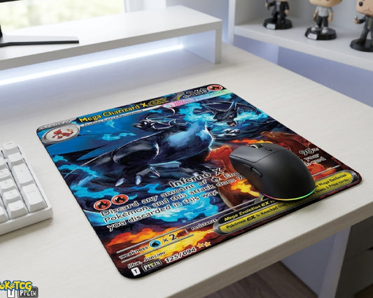 Mega Charizard X EX Pokémon card style mouse pad on a clean white gaming desk with RGB wireless mouse and minimalist desktop accessories