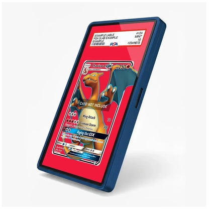 A blue protective phone case shown at an angle on a light gray background, displaying a red Pokémon card game screen insert with a Charizard card graphic.