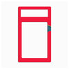 A minimalist graphic illustration of a red rectangular frame or border with a large white center, shown on a light gray background.