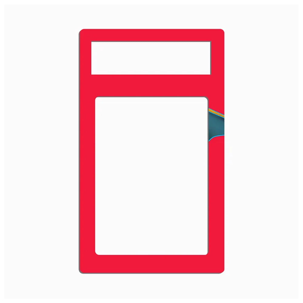 A minimalist graphic illustration of a red rectangular frame or border with a large white center, shown on a light gray background.