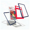 Three transparent protective card sleeves with colored borders are shown floating around a graded Pokémon TCG card in a clear holder on a white background. The sleeves have dark blue, red, and red-blue borders.