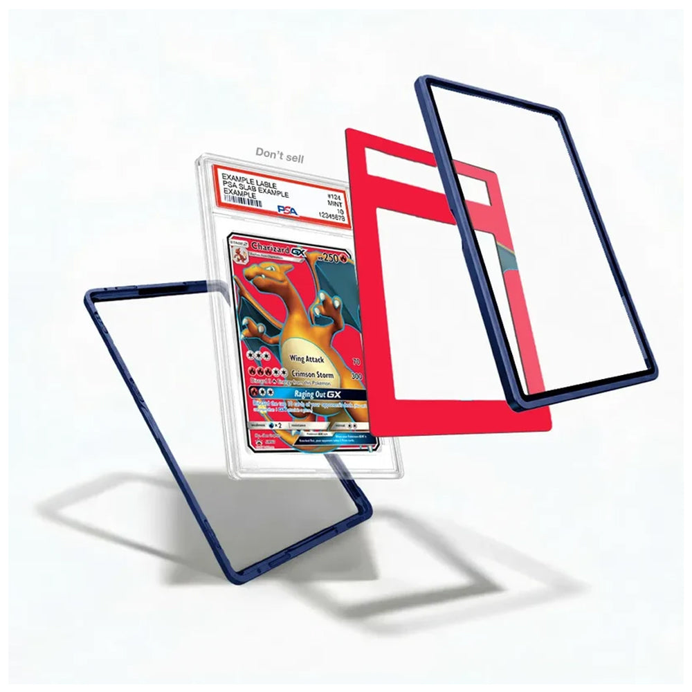 Three transparent protective card sleeves with colored borders are shown floating around a graded Pokémon TCG card in a clear holder on a white background. The sleeves have dark blue, red, and red-blue borders.