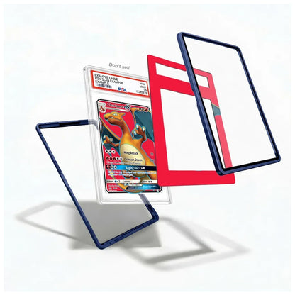 Three transparent protective card sleeves with colored borders are shown floating around a graded Pokémon TCG card in a clear holder on a white background. The sleeves have dark blue, red, and red-blue borders.