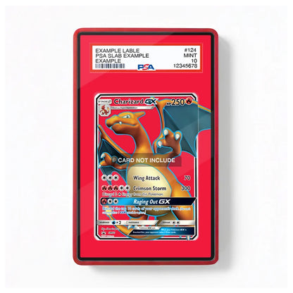 A red PSA grading slab containing a Charizard GX trading card, shown against a clean white background. The PSA label at the top reads 'EXAMPLE LABLE' and indicates a mint condition grading sample.