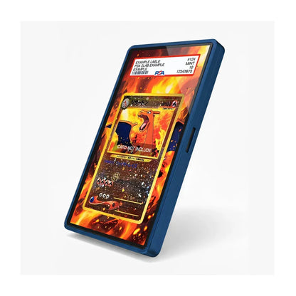 A blue smartphone case shown at an angle on a light gray background, featuring a fiery orange and yellow graphic print on the back with a sample card design near the top.