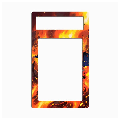 A rectangular decorative plate or frame insert with a printed fiery flame pattern in orange, yellow, red, and dark brown, shown on a plain white background.