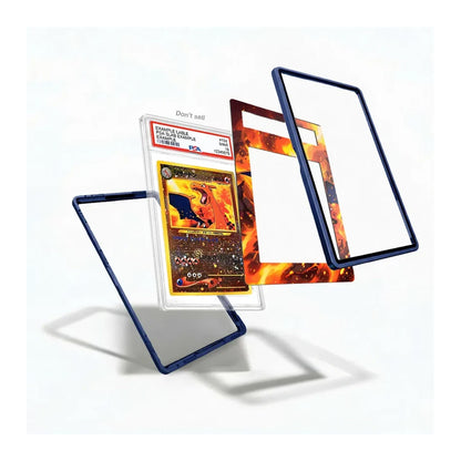 A set of custom card sleeves and frames shown floating around a graded Pokémon card on a clean white background. The frames include dark blue translucent borders and one with a matching fiery orange and yellow graphic design.