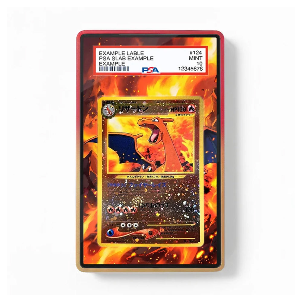 A PSA graded collectible Pokémon TCG card featuring Charizard, displayed inside a red and gold protective slab. The slab has a white header with grading details including the PSA logo and a sample barcode.