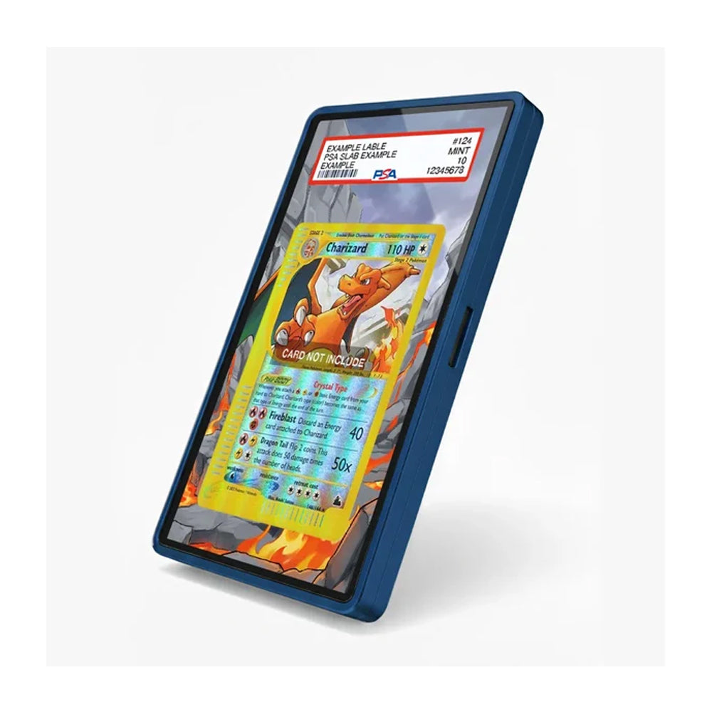 A blue protective case holding a PSA-graded Charizard Pokémon trading card, shown at an angle on a light gray background.